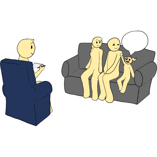 A therapist sitting in a navy armchair to the left, holding a notebook. There is a family sitting on a grey couch, the little sister talking.